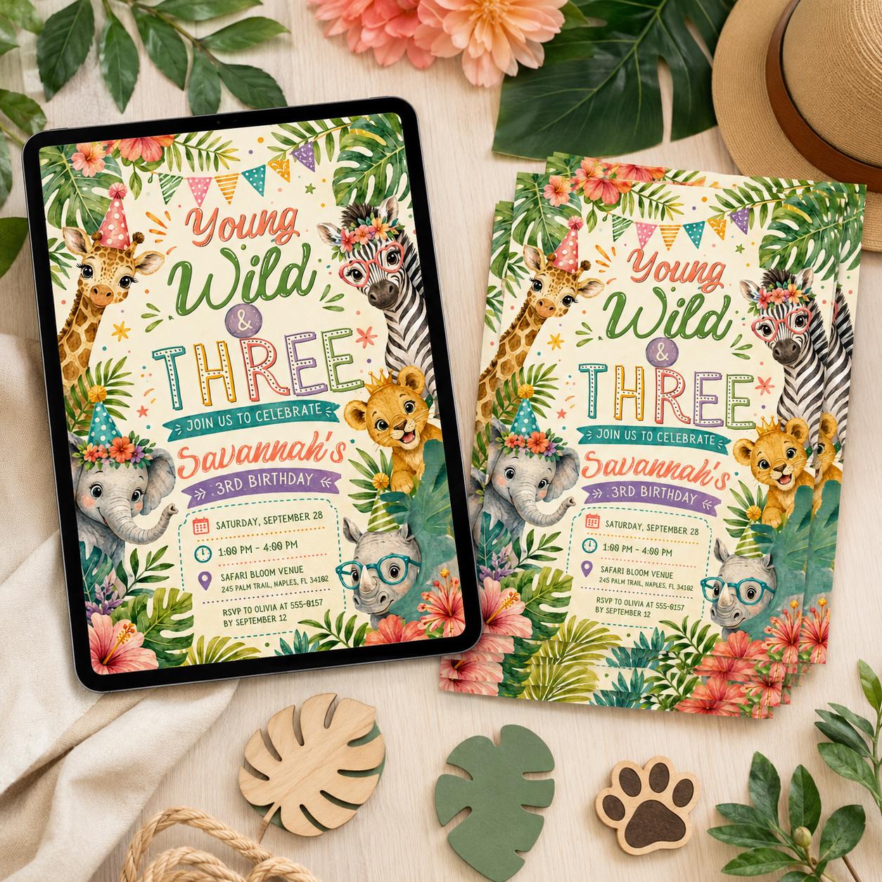 Young Wild Three Safari Birthday, Three Years Old Safari Birthday Safari Invitation Wild Child Birthday Girl,  Canva invite __etsy:8104036497