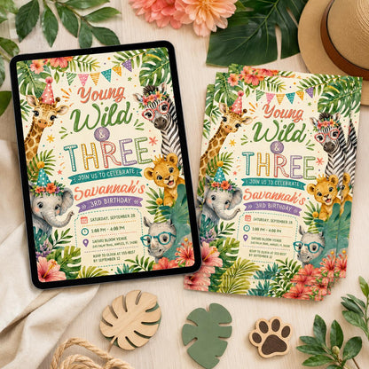 Young Wild Three Safari Birthday, Three Years Old Safari Birthday Safari Invitation Wild Child Birthday Girl,  Canva invite __etsy:8104036497