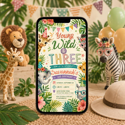 Young Wild Three Safari Birthday, Three Years Old Safari Birthday Safari Invitation Wild Child Birthday Girl,  Canva invite __etsy:8104036525