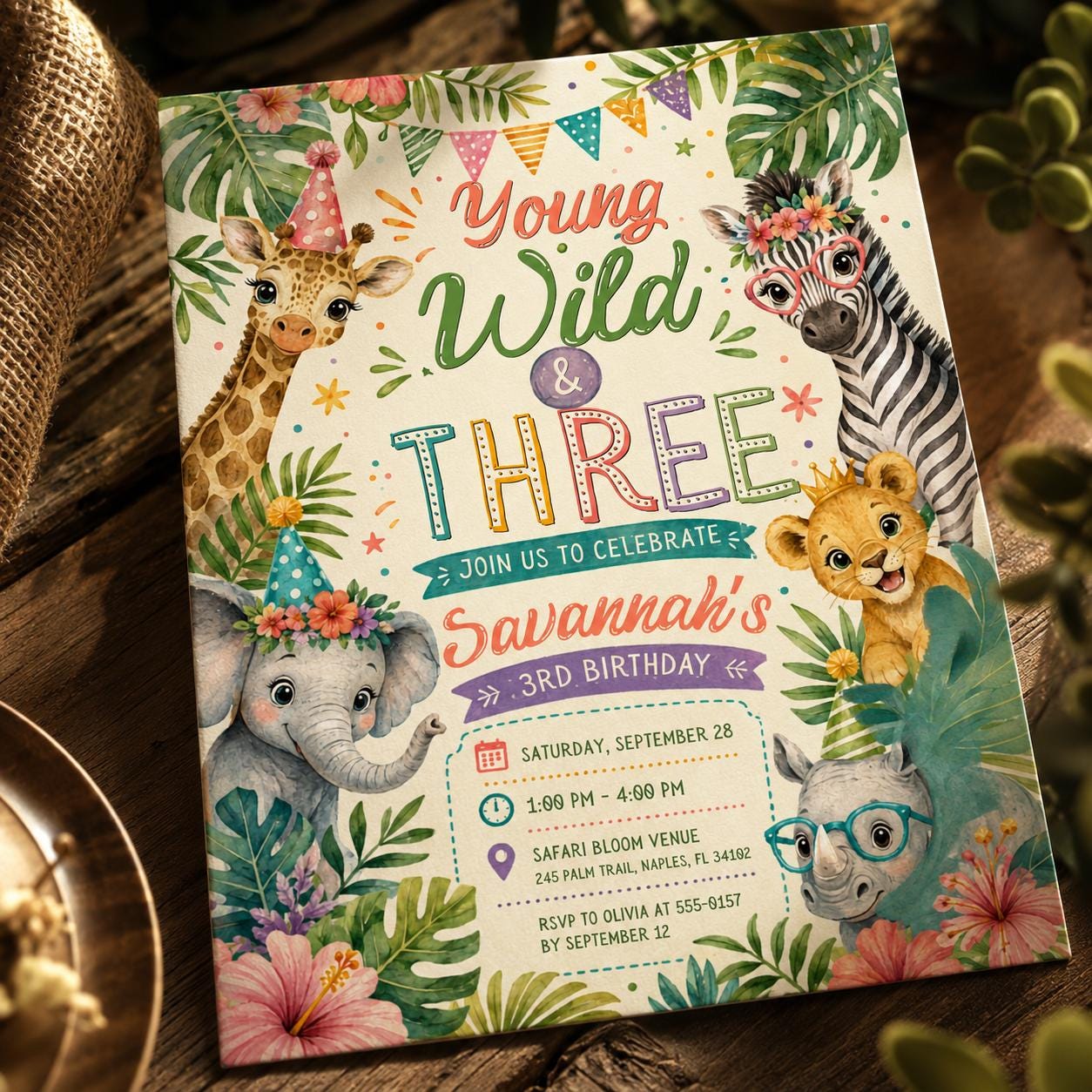 Young Wild Three Safari Birthday, Three Years Old Safari Birthday Safari Invitation Wild Child Birthday Girl,  Canva invite __etsy:8056124838