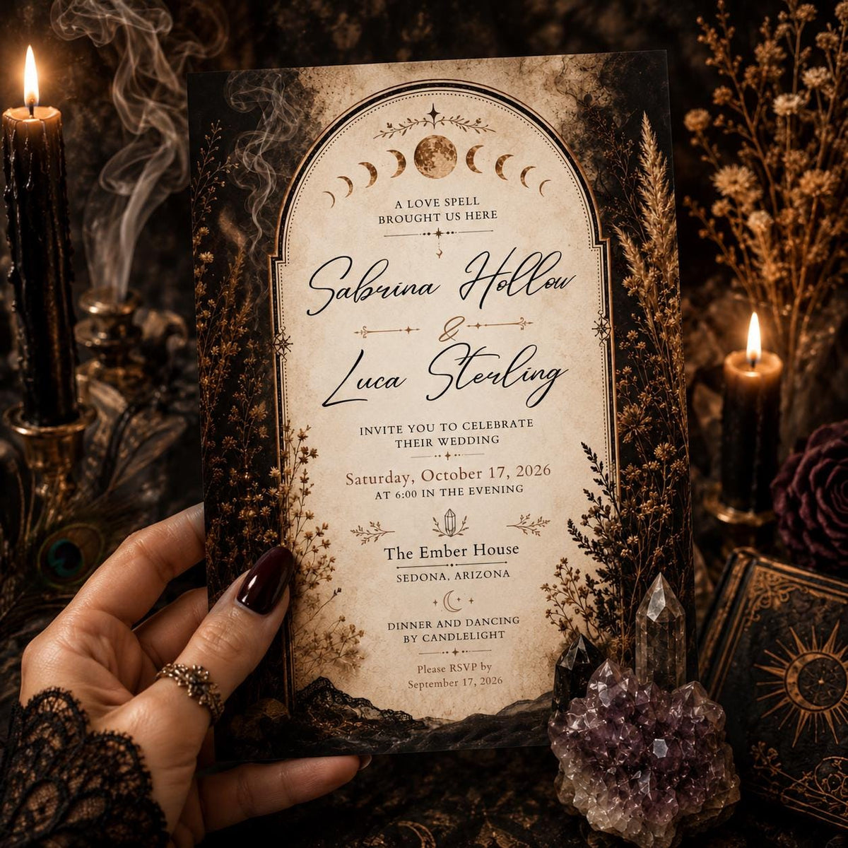 A Love Spell Gothic Wedding Invitation with Moon Phases — editable Canva template