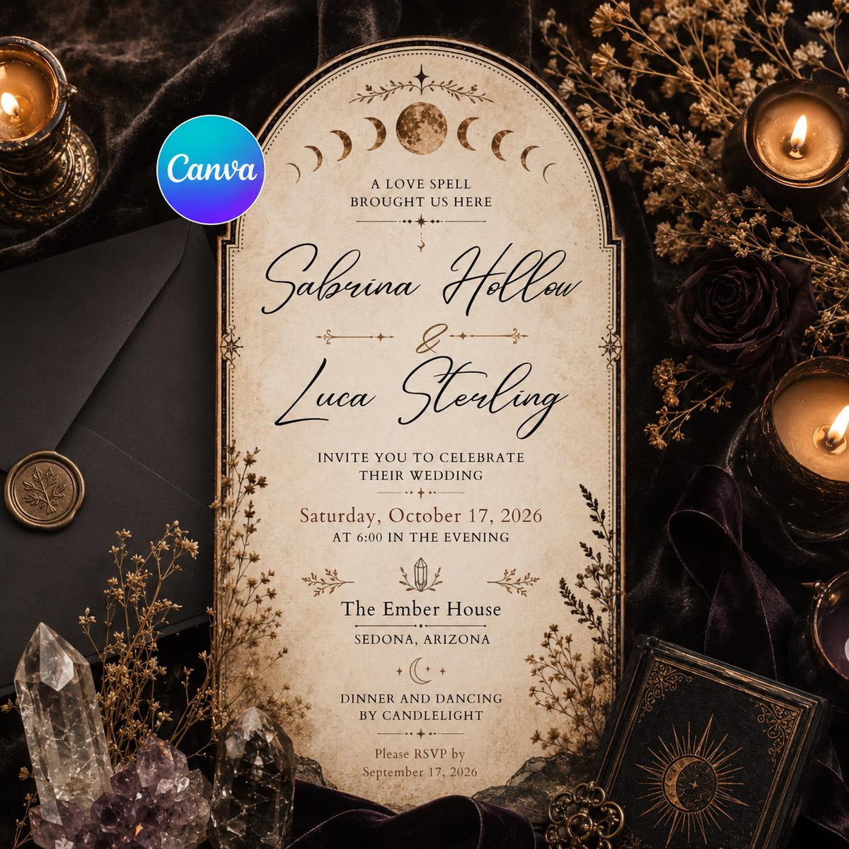 A Love Spell Gothic Wedding Invitation with Moon Phases in black and cream