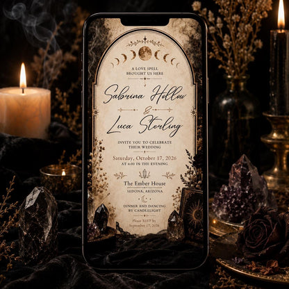 A Love Spell Gothic Wedding Invitation with Moon Phases — celestial design