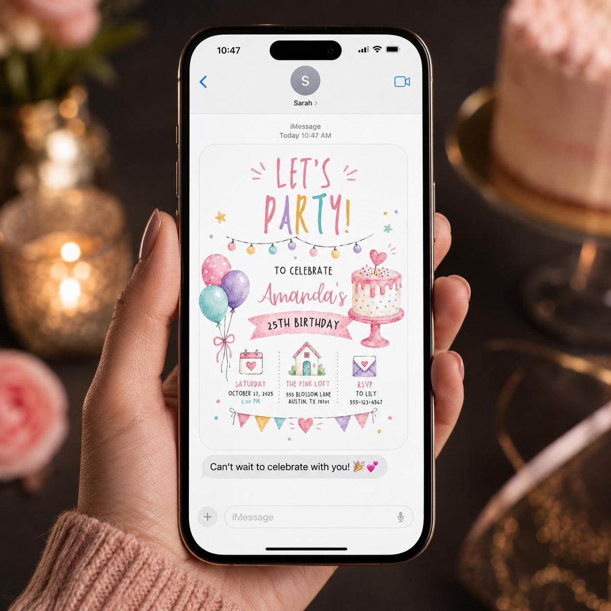 25th Birthday Invitation, Pastel Watercolor Cake and Balloons Party Invite for Her, Editable Printable Canva Template