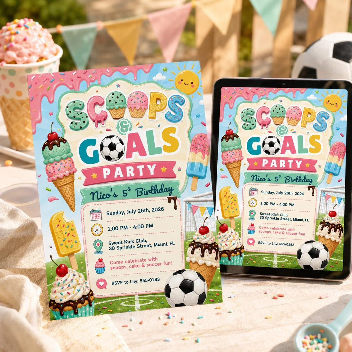 Ice Cream Soccer Birthday Invitation – Scoops and Goals Party Invite