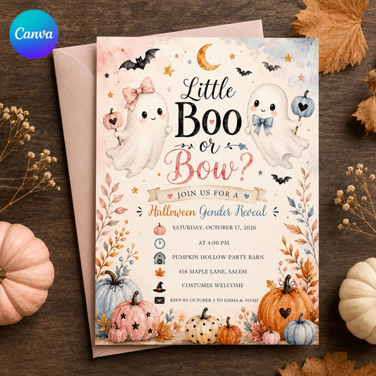 Pink and Blue Little Boo or Bow Gender Reveal Invitation — editable Canva template