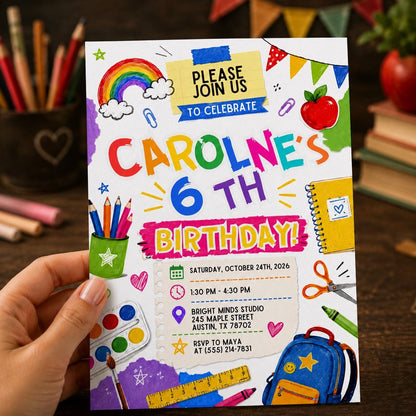 6th Birthday Invitation – Colorful School Doodle Art Party Invite for Kids
