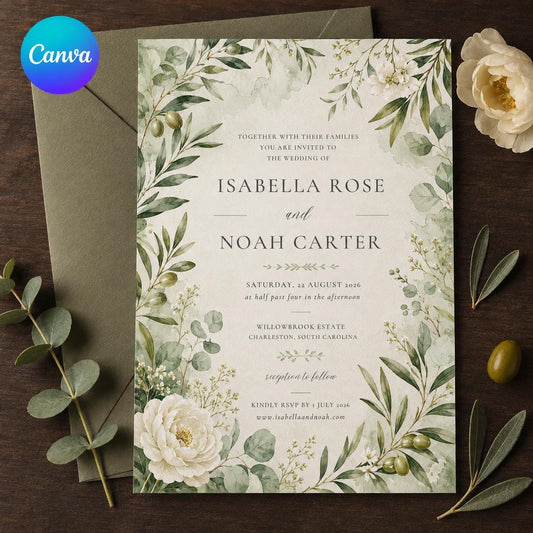 Greenery Wedding Invitation – Olive Branch Botanical Invite – Elegant Sage Garden