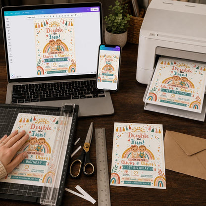Twin First Birthday Invitation, Double the Fun Boy Girl Twins Party Invite, Boho Rainbow Editable Canva Template