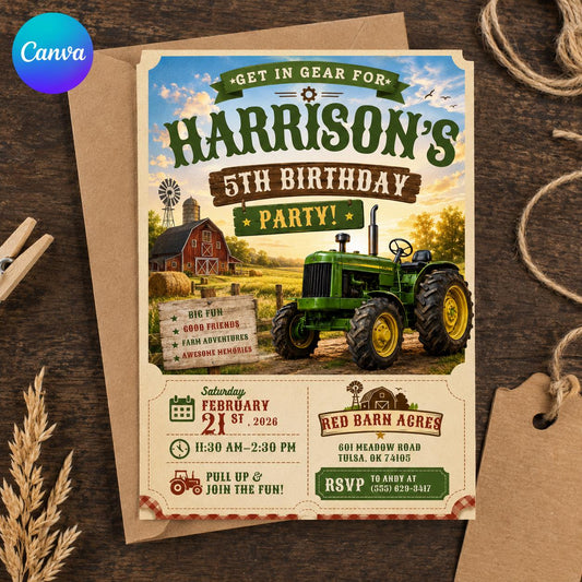 Tractor 5th Birthday Invitation – Rustic Farm and Barnyard Party Invite for Boys