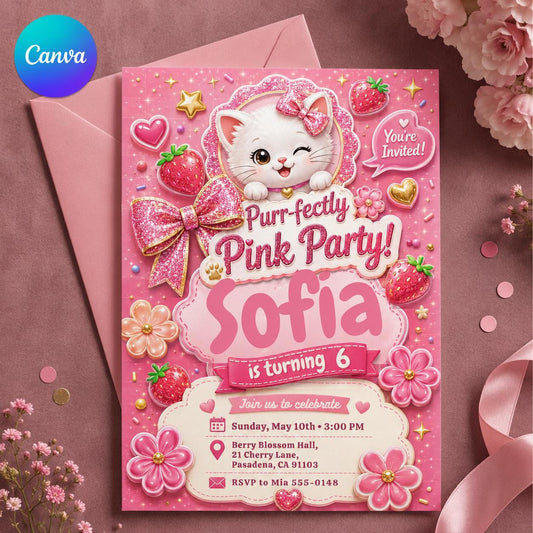 Cat Birthday Invitation Girl – Purr-fect Pink Kitty 6th Birthday Party – Glitter Strawberry