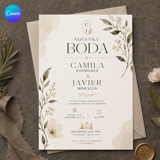 Spanish Wedding Invitation – Minimalist Botanical Greenery Ceremony in Spanish