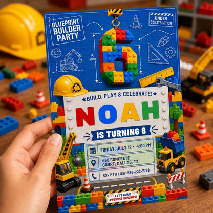 Editable Builder Birthday Invitation, Construction Building Blocks Party Canva Template for Kids