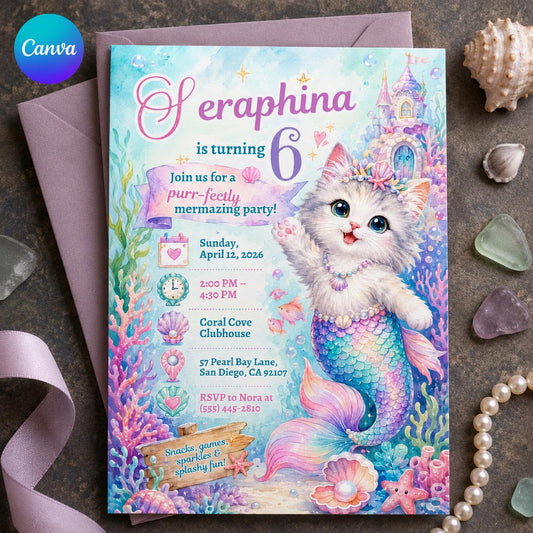Mermaid Cat Birthday Invitation – Purrfect Under the Sea Girl Party – 6th Birthday Invite