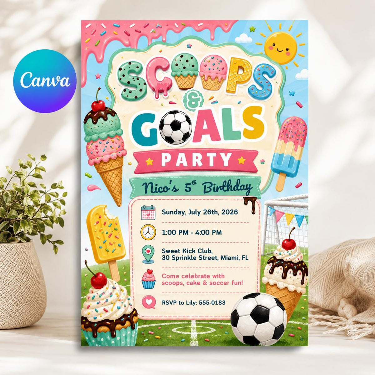 Ice Cream Soccer Birthday Invitation – Scoops and Goals Party Invite