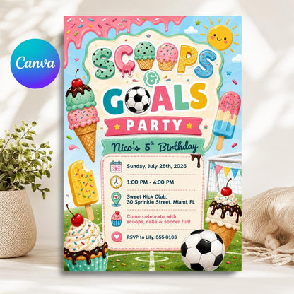 Ice Cream Soccer Birthday Invitation – Scoops and Goals Party Invite