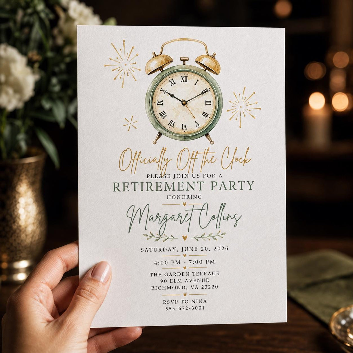 Retirement Party Invitation – Officially Off the Clock – Elegant Vintage Clock