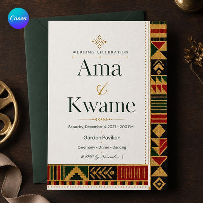 African Kente Wedding Invitation — editable Canva template