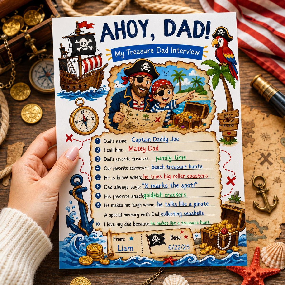 Ahoy Dad Pirate Father's Day Interview Worksheet in blue and gold