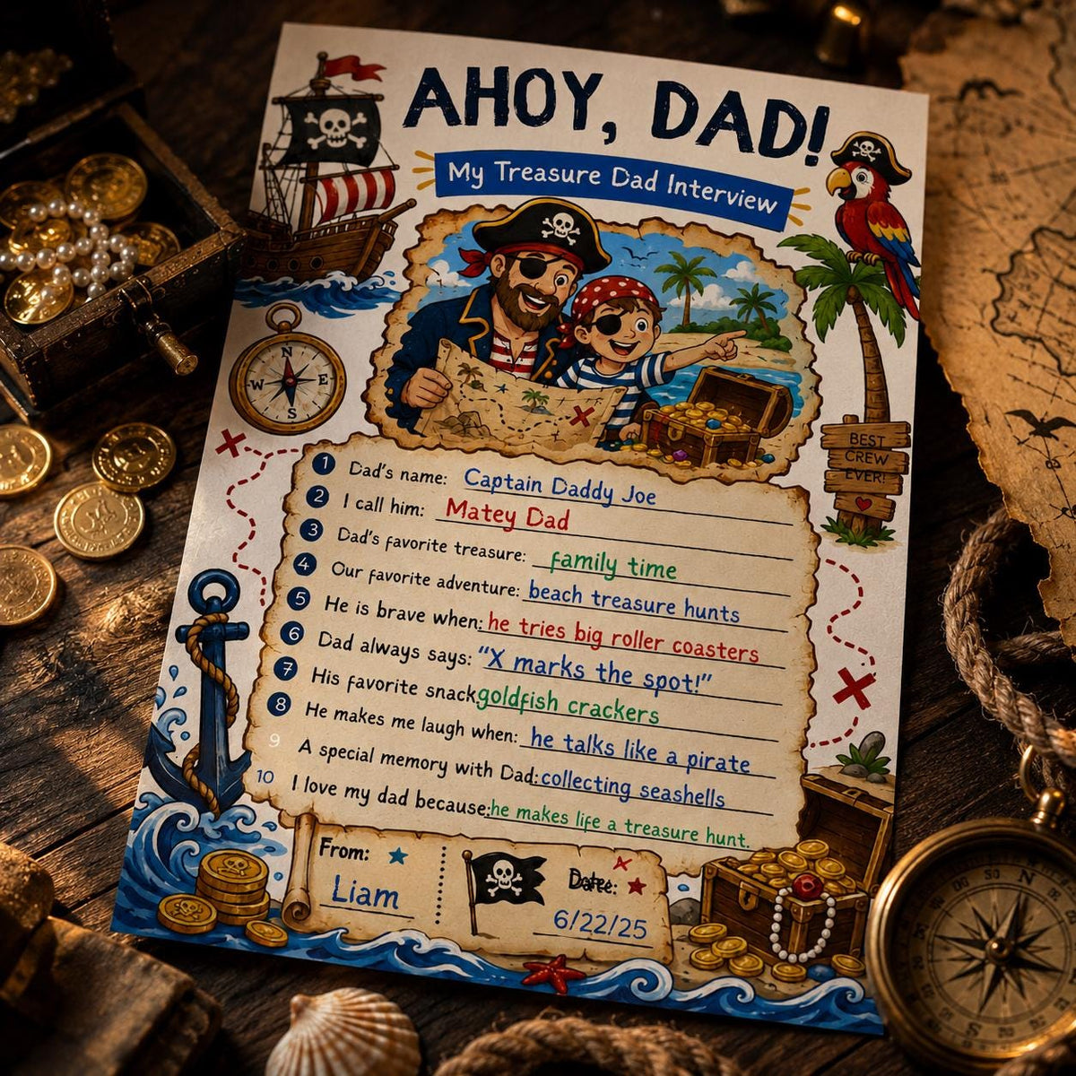 Ahoy Dad Pirate Father's Day Interview Worksheet — printable worksheet you personalize in Canva