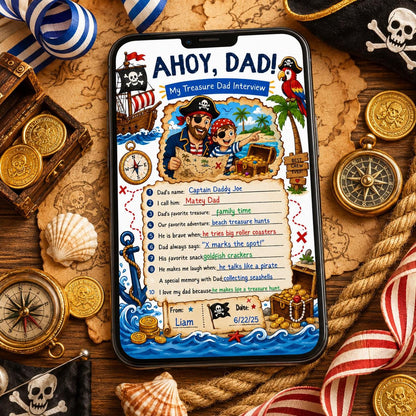 Ahoy Dad Pirate Father's Day Interview Worksheet — digital printable worksheet, instant download