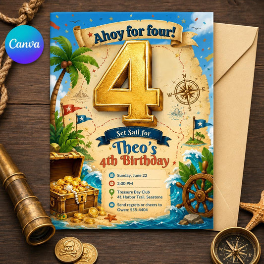 Ahoy for Four Pirate Birthday Invitation with Treasure Map — editable Canva template