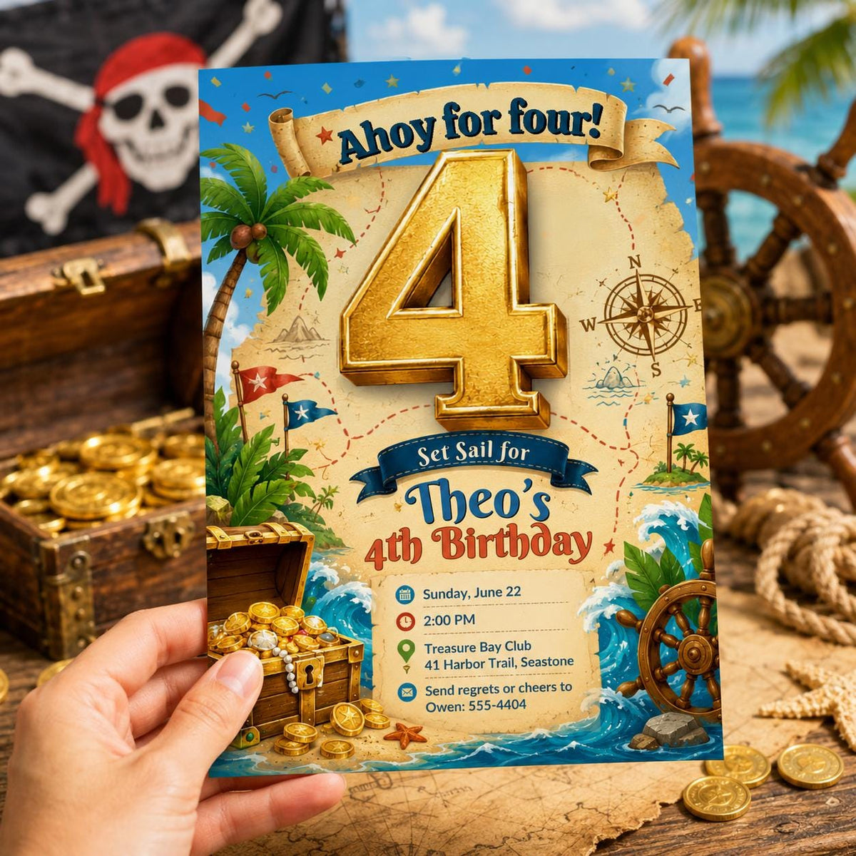 Ahoy for Four Pirate Birthday Invitation with Treasure Map — invitation you personalize in Canva