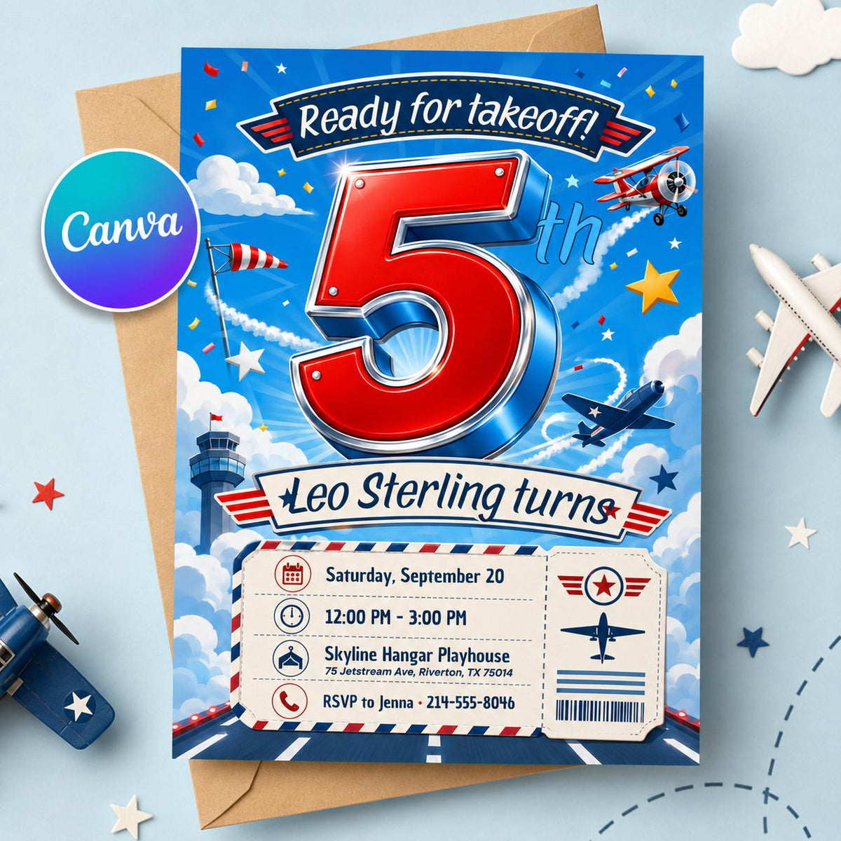 Airplane 5th Birthday Invitation — editable Canva template