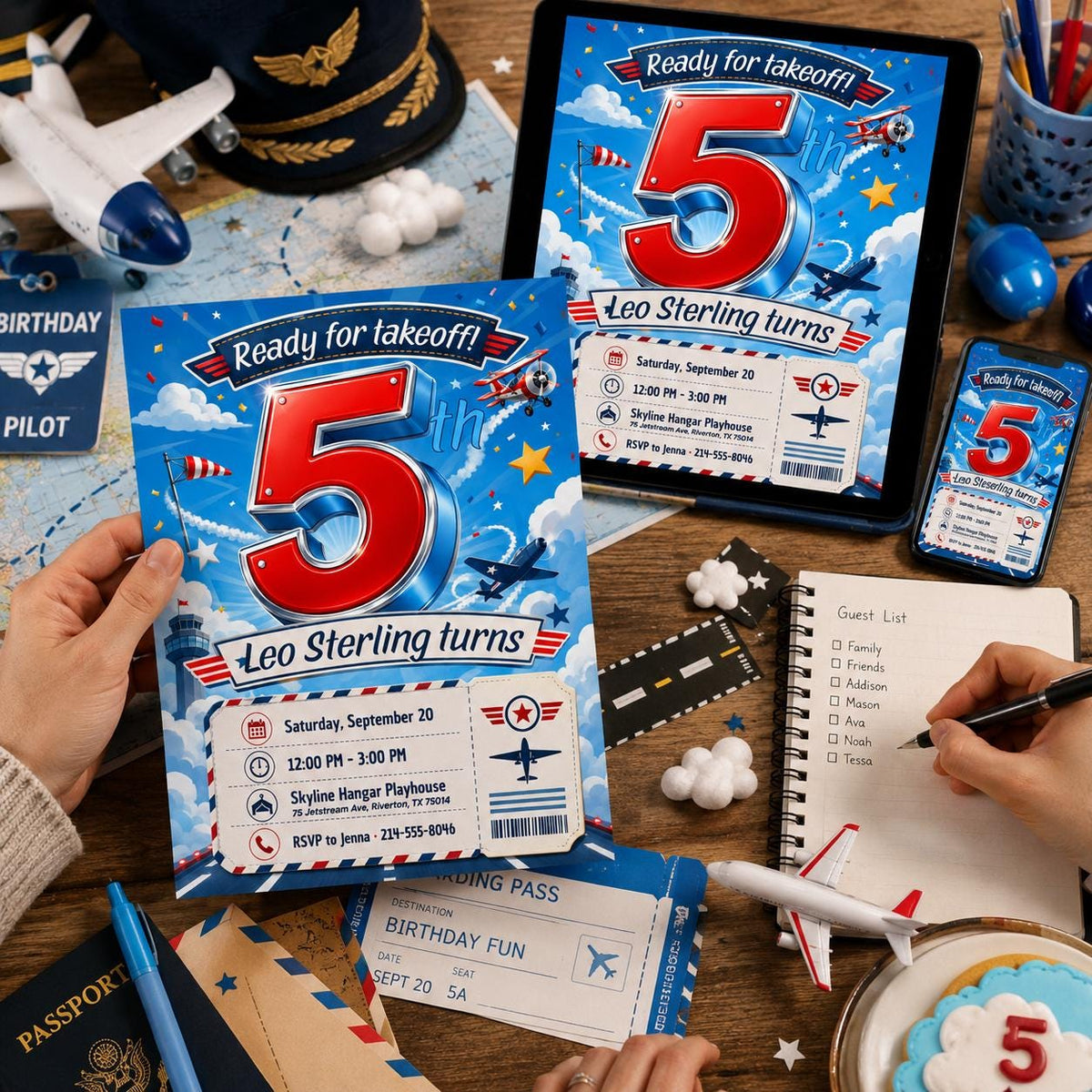 Airplane 5th Birthday Invitation — invitation you personalize in Canva