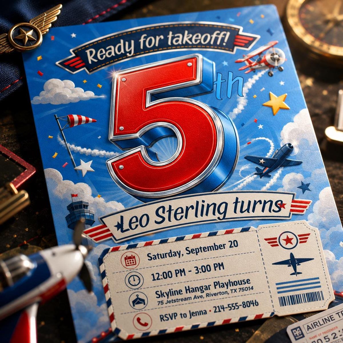 Airplane 5th Birthday Invitation — print-ready 5th birthday party design from VoltBy