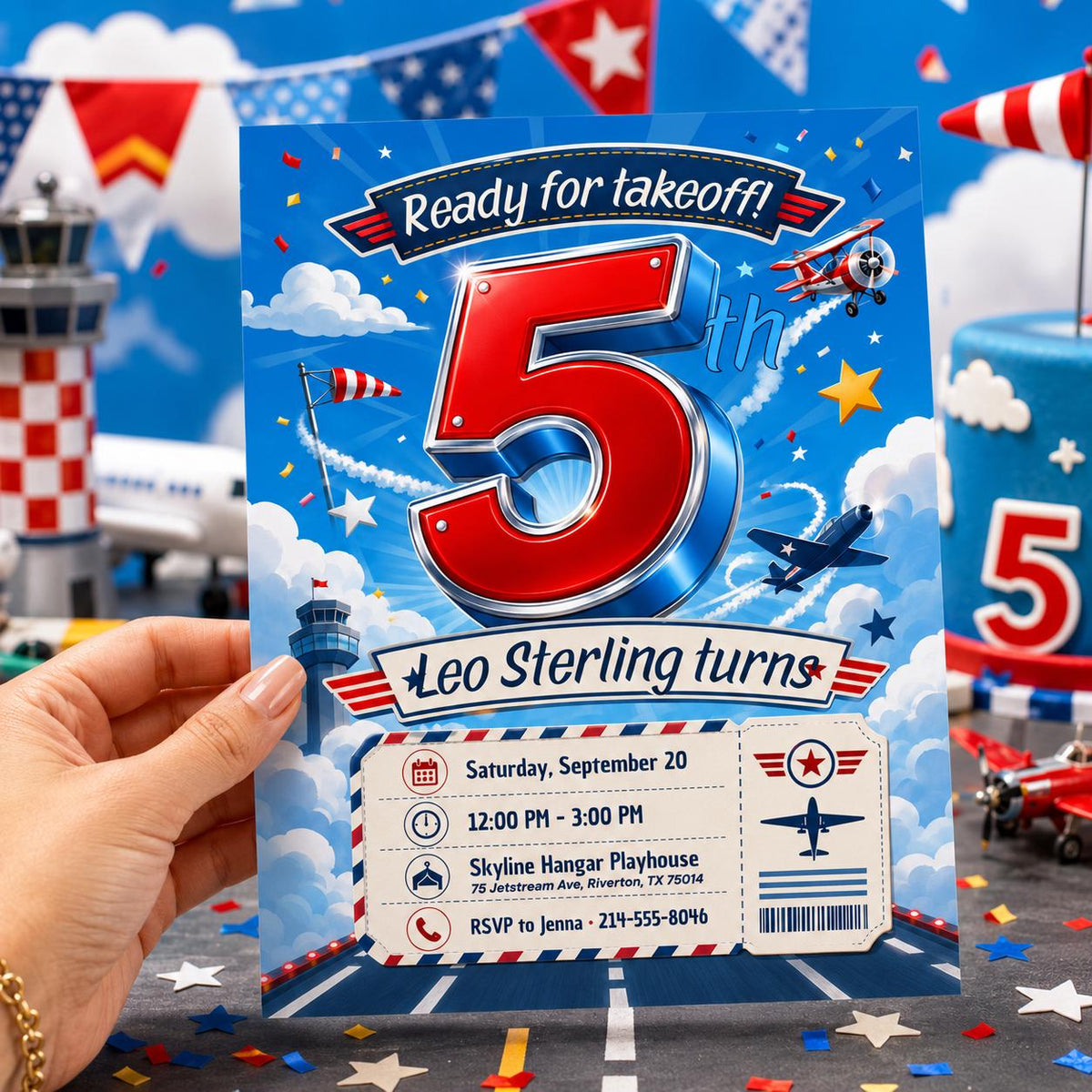 Airplane 5th Birthday Invitation — digital invitation, instant download