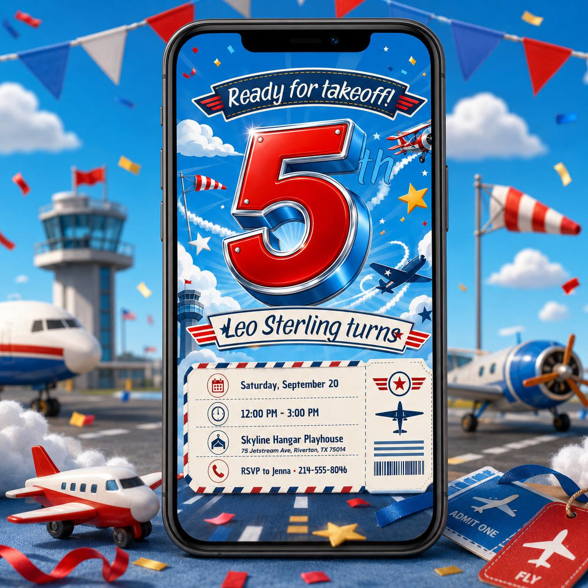Airplane 5th Birthday Invitation — 5th birthday party stationery by VoltBy