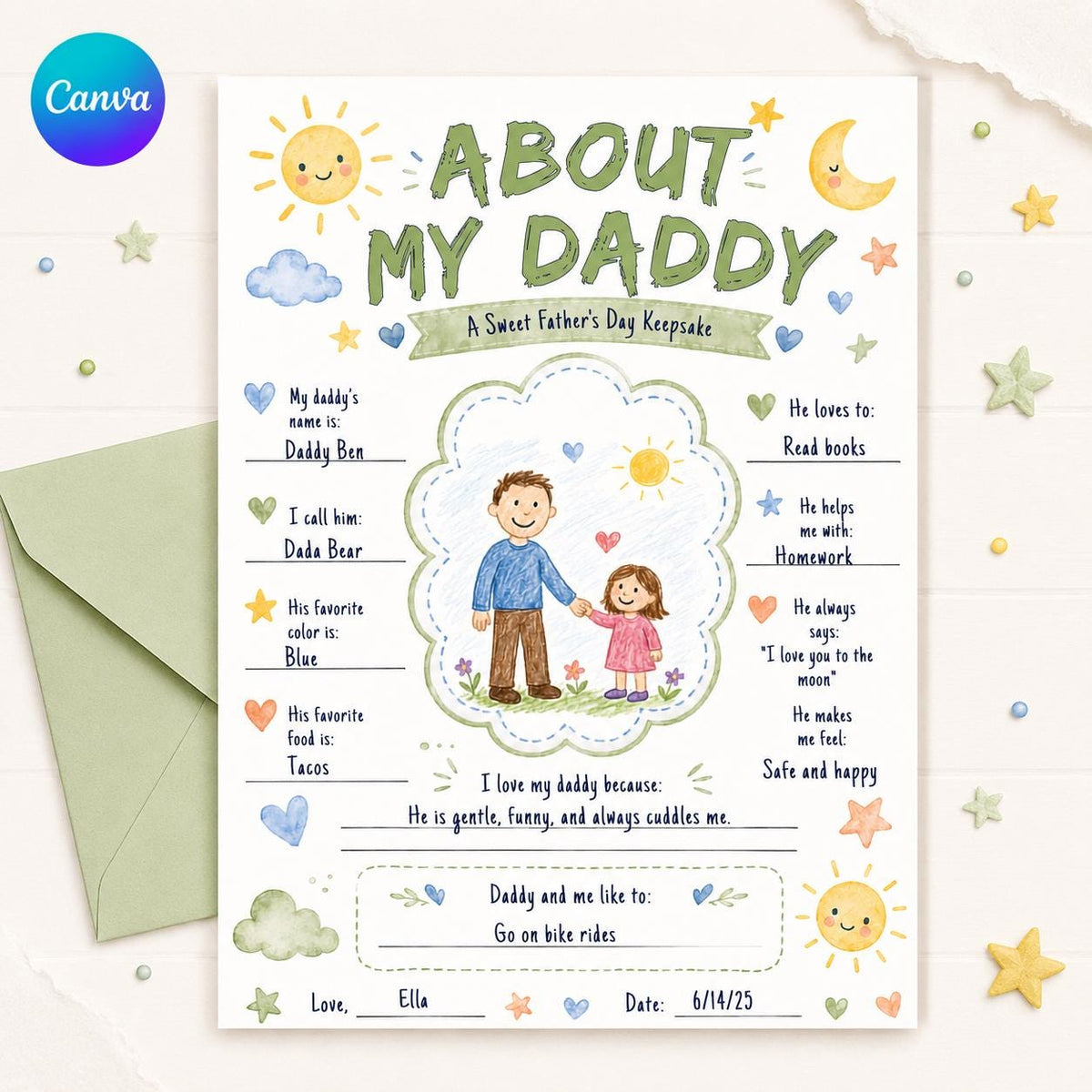All About My Daddy Nature-Themed Father's Day Worksheet — editable Canva template