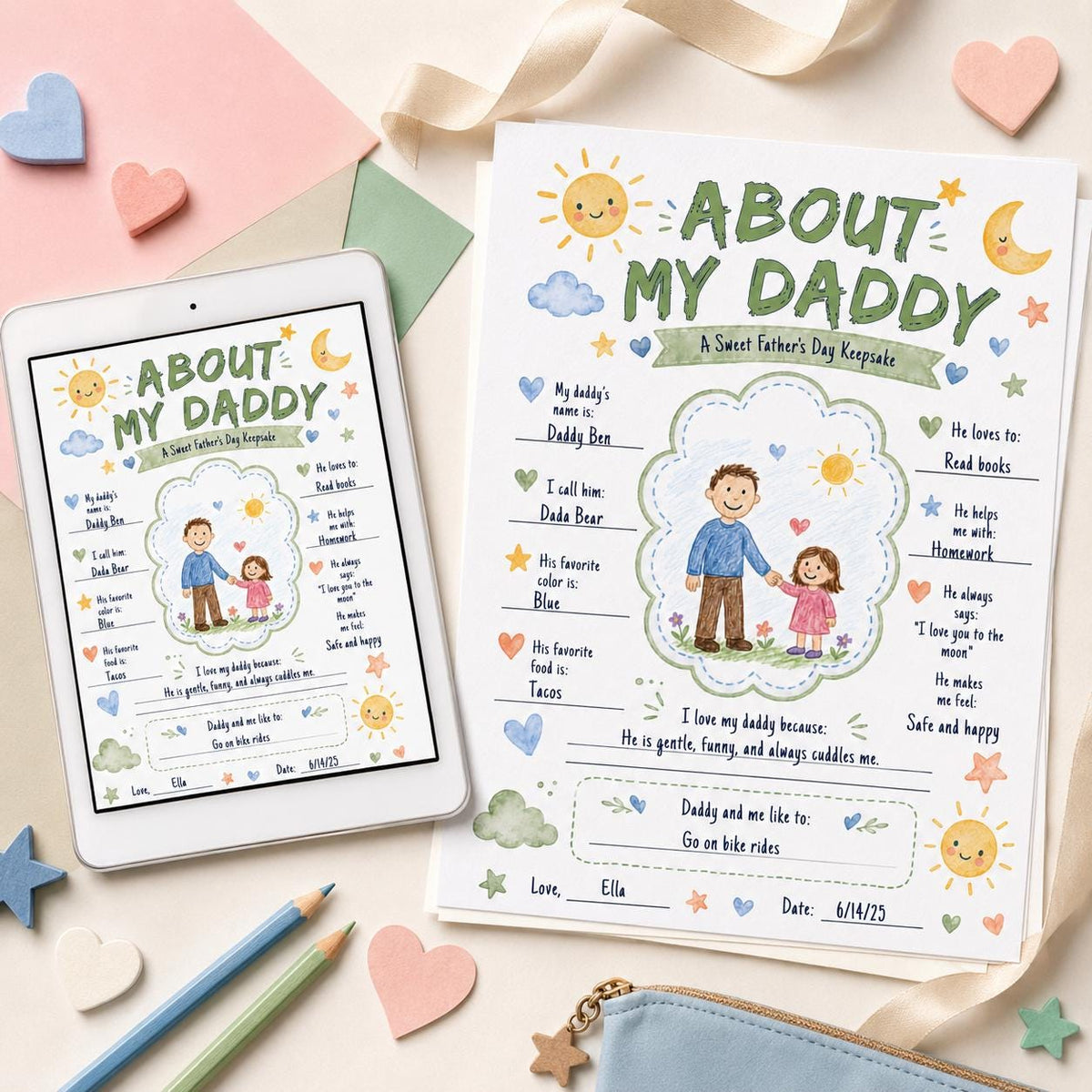 All About My Daddy Nature-Themed Father's Day Worksheet — digital printable worksheet, instant download
