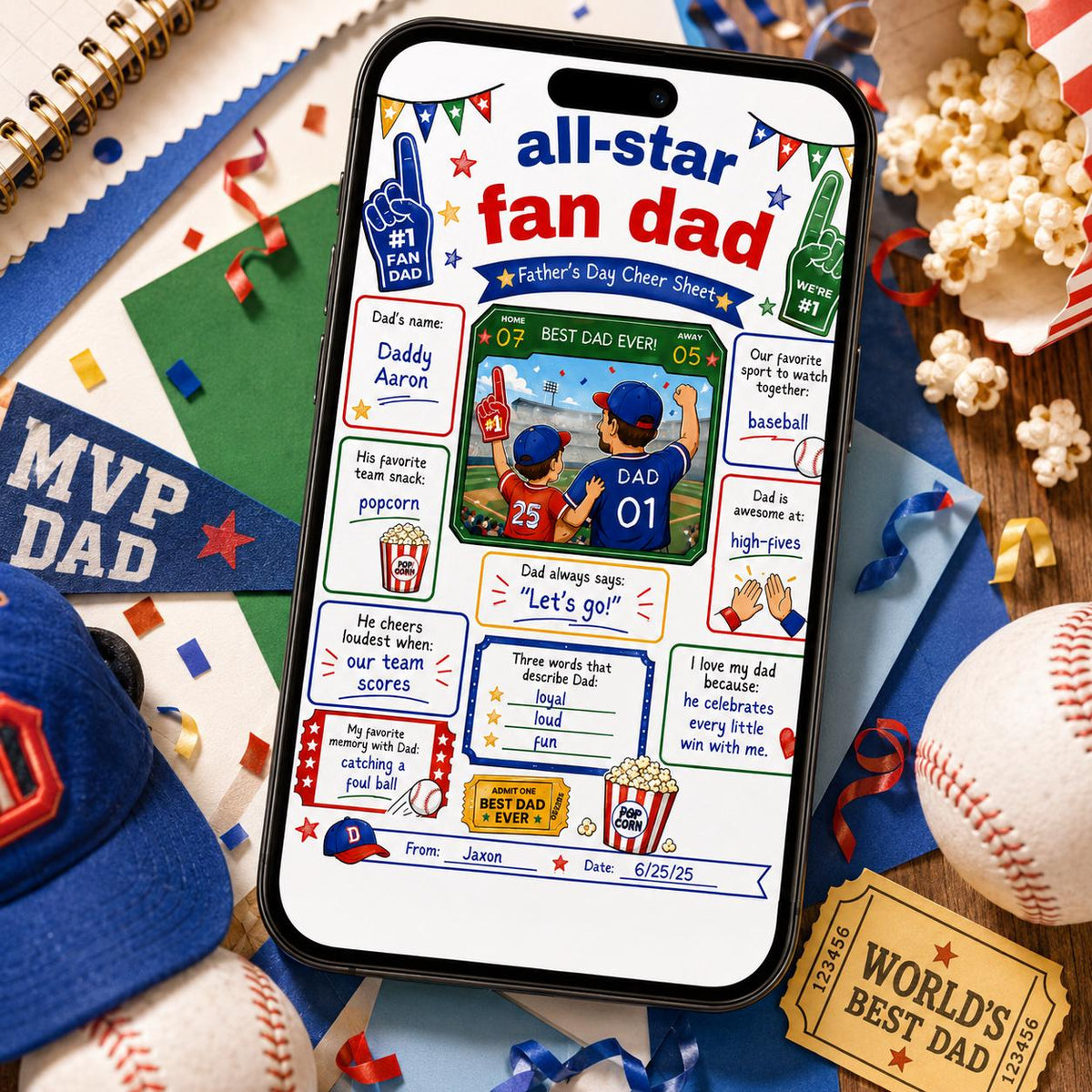 All-Star Fan Dad Father's Day Worksheet in blue and green