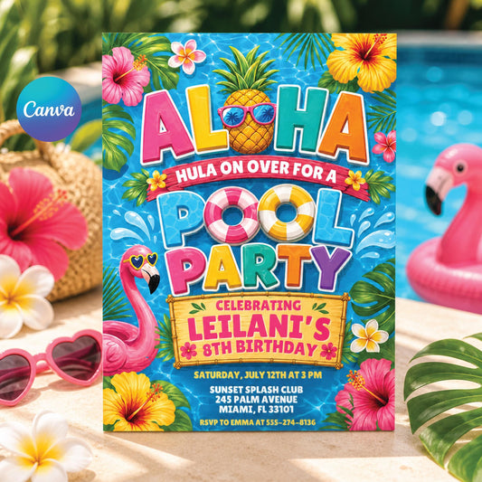 Aloha Pineapple Pool Birthday Invitation — editable Canva template