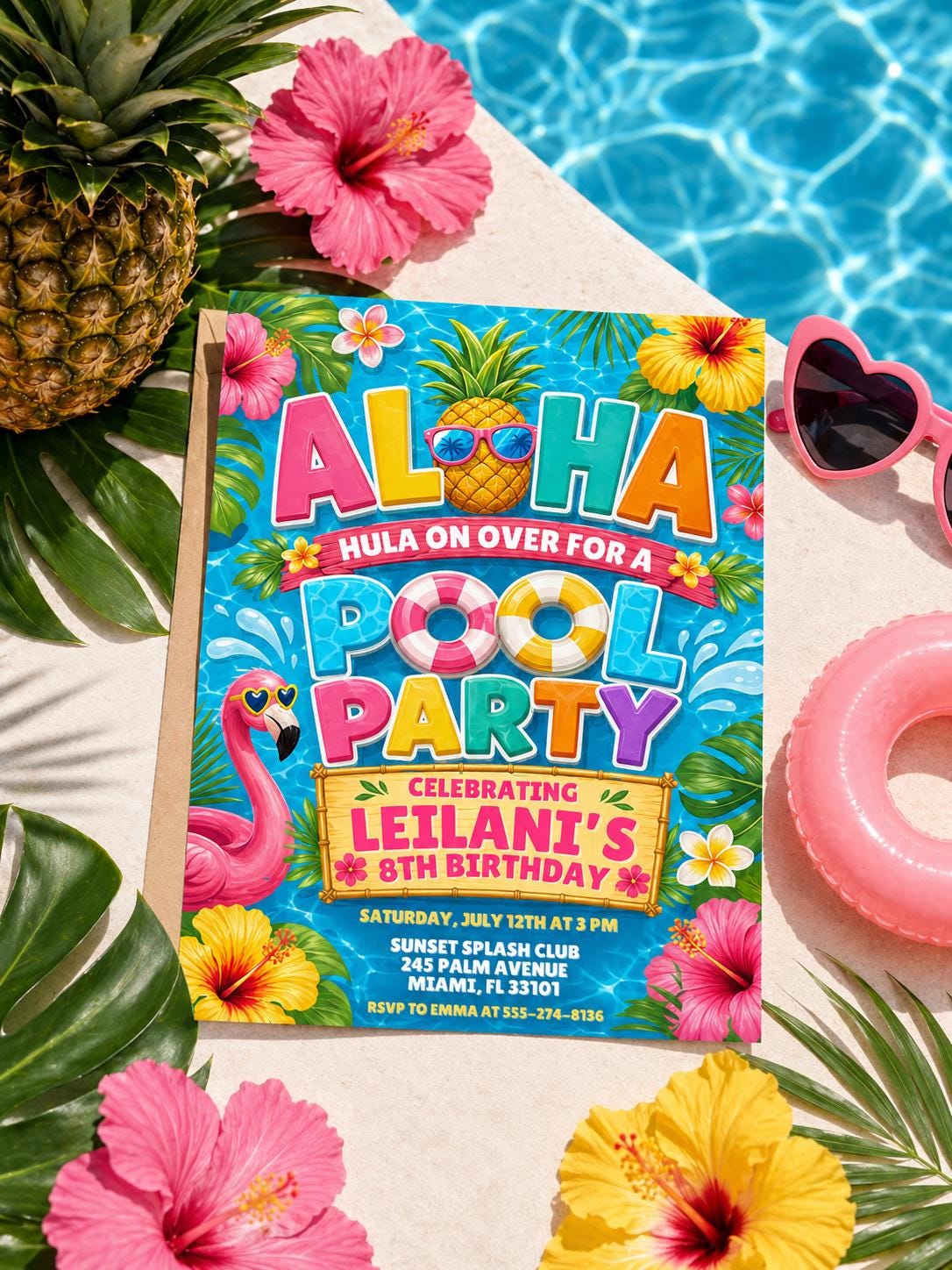 Aloha Pineapple Pool Birthday Invitation — print-ready birthday party design from VoltBy