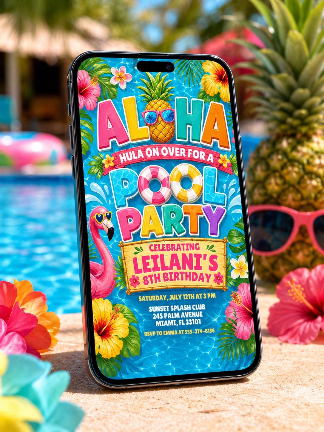Aloha Pineapple Pool Birthday Invitation — digital invitation, instant download