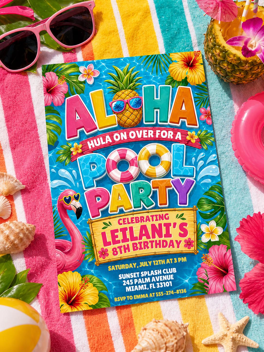Aloha Pineapple Pool Birthday Invitation — design view 2