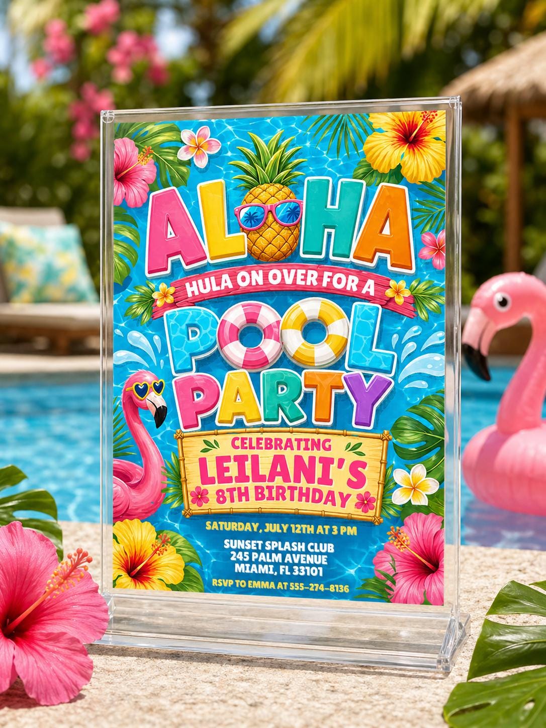 Aloha Pineapple Pool Birthday Invitation — design view 3