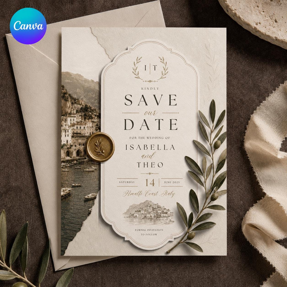 Amalfi Coast Olive Wedding Save the Date — editable Canva template