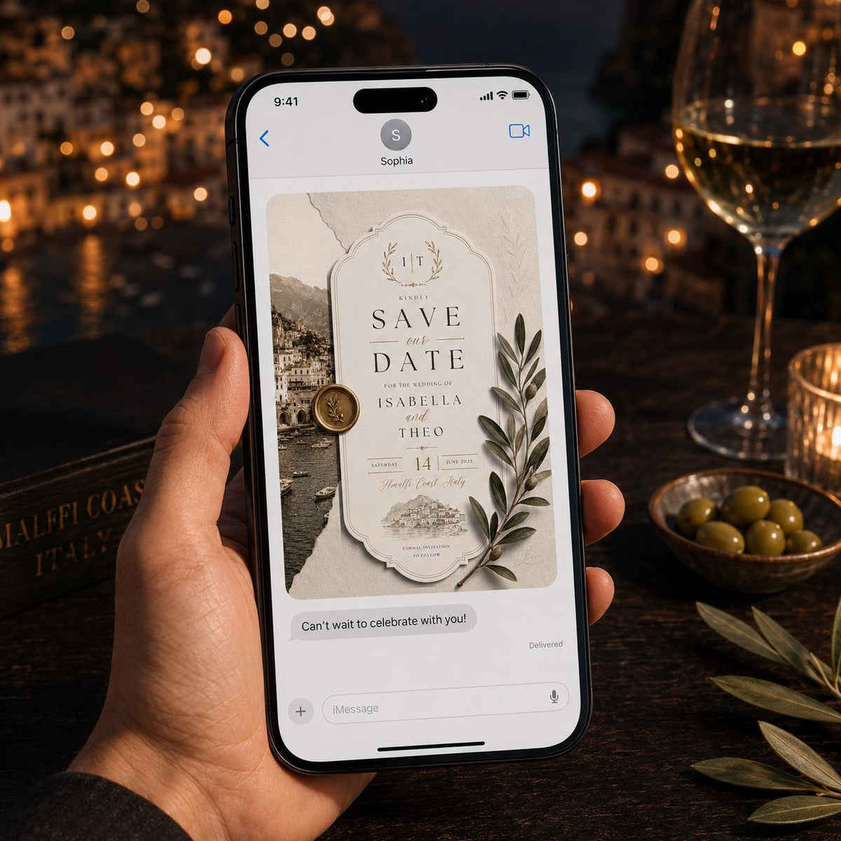 Amalfi Coast Olive Wedding Save the Date in brown and cream