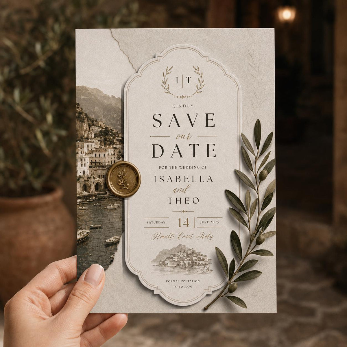 Amalfi Coast Olive Wedding Save the Date — beach and branch design