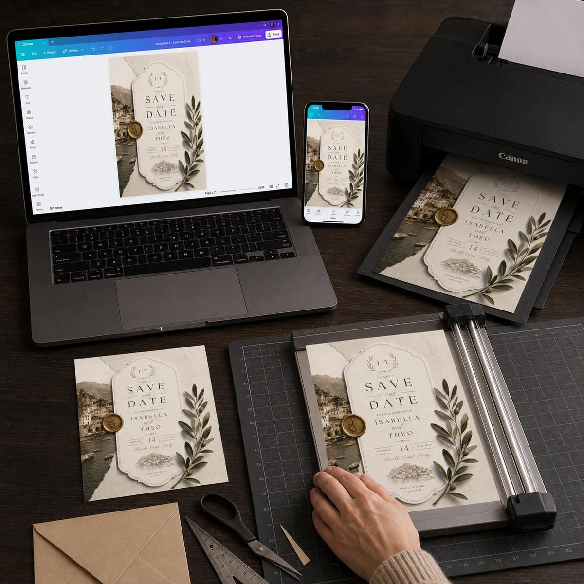 Amalfi Coast Olive Wedding Save the Date — announcement card you personalize in Canva