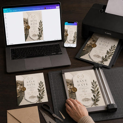 Amalfi Coast Olive Wedding Save the Date — announcement card you personalize in Canva