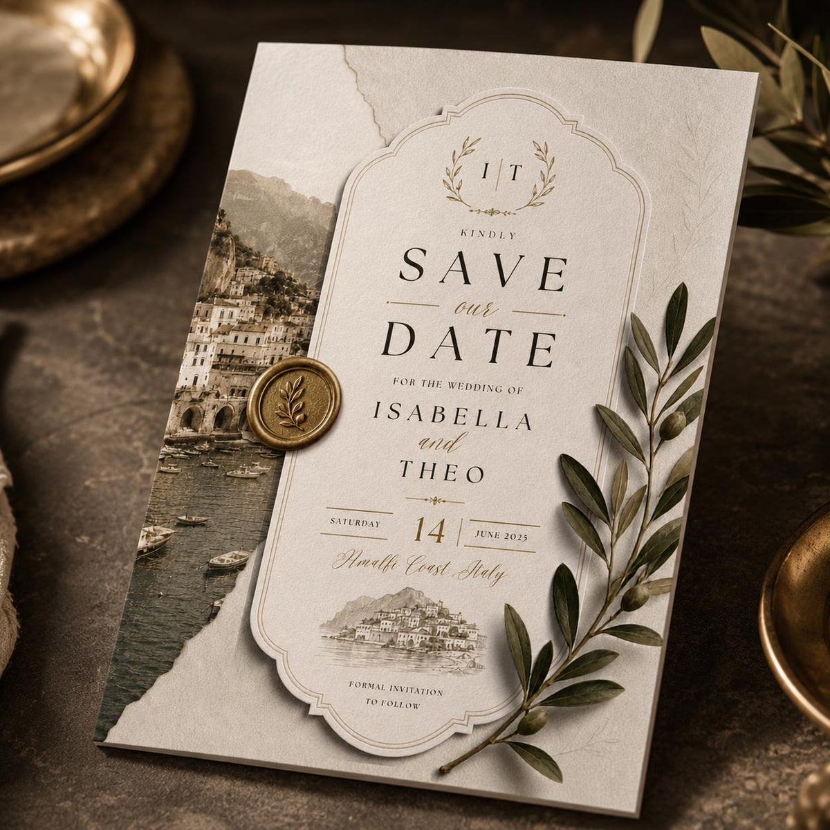 Amalfi Coast Olive Wedding Save the Date — beach and branch artwork in brown and cream