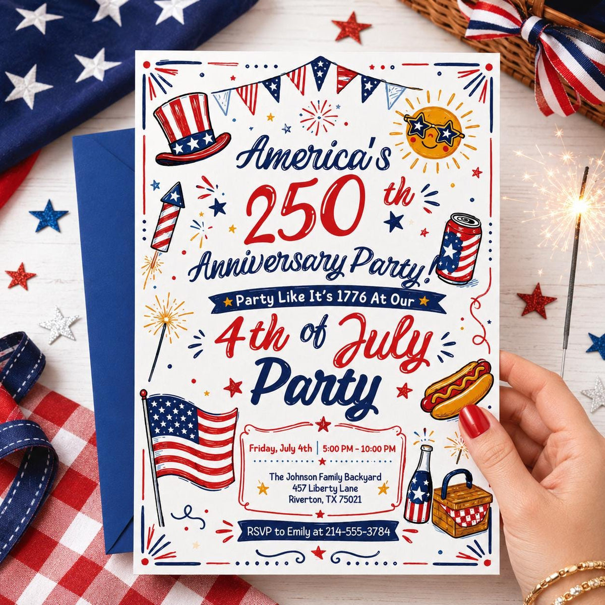 America 250 Fourth of July Doodle Invitation — picnic artwork in blue and red