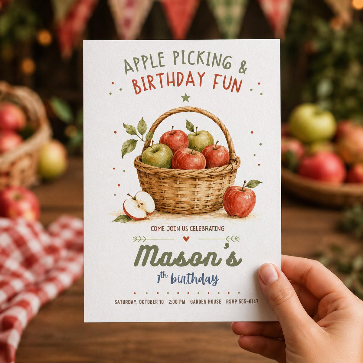 Apple Picking 7th Birthday Invitation — print-ready 7th birthday party design from VoltBy