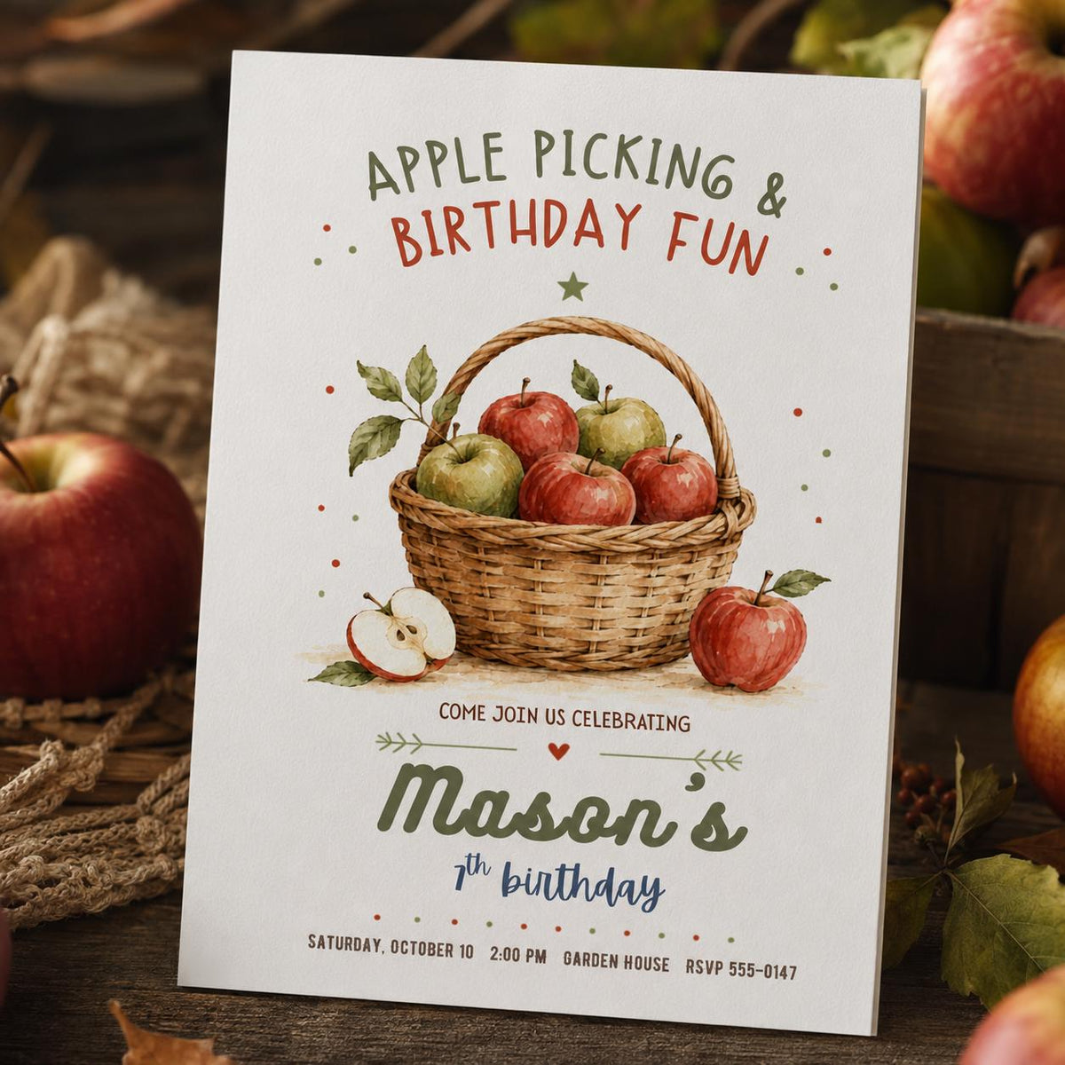 Apple Picking 7th Birthday Invitation — 7th birthday party stationery by VoltBy