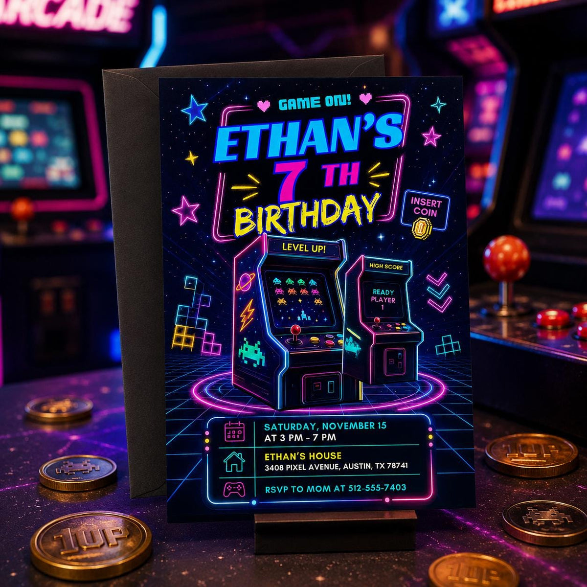 Purple Arcade Cabinet 7th Birthday Invitation — digital invitation, instant download